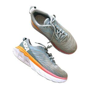 Hoka One Women's Sz 9.5 4 Arahi Running Light Gray with Orange & Pink Accents